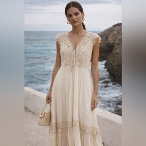 Zara Boho Maxi Dress Cream | Romantic Crochet Detail | Bridal Shower Beach